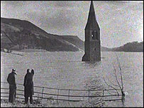 Derwent Church tower, visible above the water line until it was demolished in 1947 to prevent people swimming out to it.